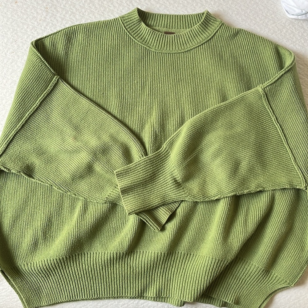 Free People Easy Street Bright  Green Cotton Ribbed Oversized Sweater, XS